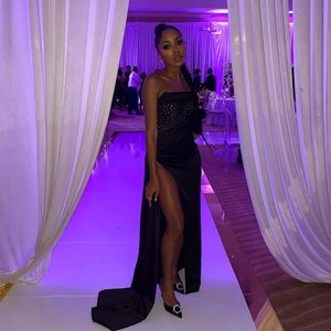 Holly Black Crystallized Corset High Slit Satin Gown prom dress